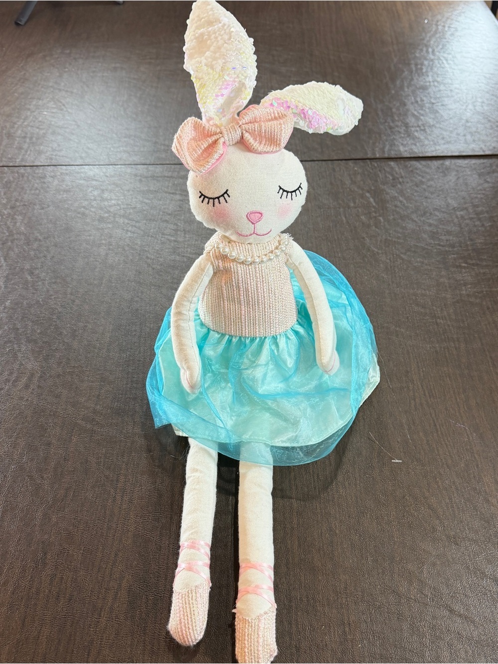 Plush Sitting Ballerina Bunny Doll with Aqua Tulle Skirt and Pink Bow